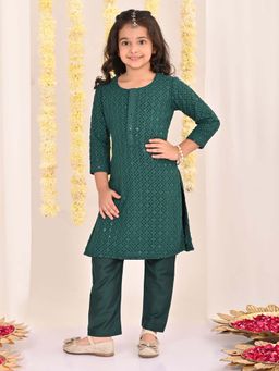 JBN Creation - Girls Rayon Schifli Embroidered Green Kurta With Pant