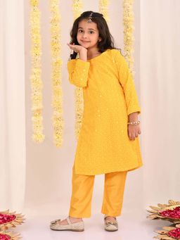 JBN Creation - Girls Rayon Schifli Embroidered Yellow Kurta With Pant