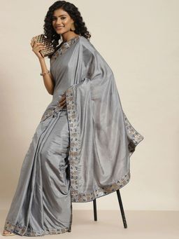 Odette - Women Grey Poly Silk Embroidered Saree with Unstitched Blouse