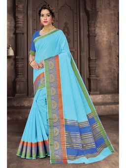 Sangam Prints - Sky Blue Cotton Handloom Woven Work Traditional Saree with Unstitched Blouse