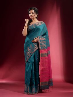 CHARUKRITI - Teal with Zari Paisley Motif Saree with Unstitched Blouse