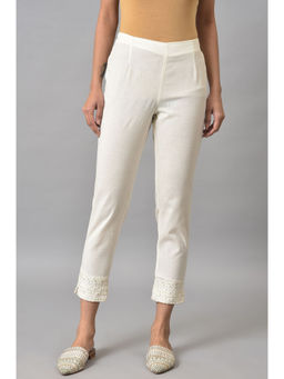 W - Slim Pants with Embroidered Hem
