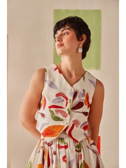 Sage By Mala - Palette White Floral Printed Waistcoat