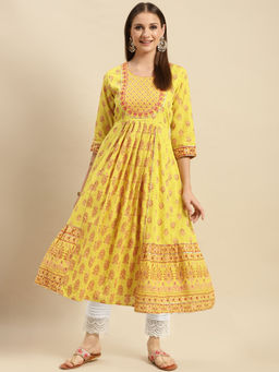 Rangita - Women Yellow Printed- Embroidered Anarkali Kurta with Pant (Set of 2)