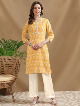 Rangita - Women Yellow Printed-Gota Work Straight Kurta with Pant (Set of 2)