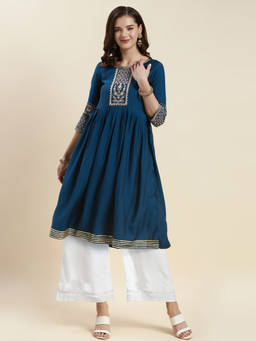 Rangita - Women Teal Embroidered-Zari Work Flared Kurta with Palazzo (Set of 2)