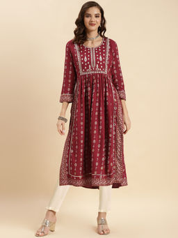 Rangita - Women Maroon Printed- Embroidered Nayra Kurta with Pant (Set of 2)