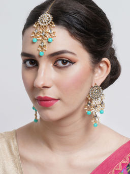 Karatcart - Gold Plated Embellished Light Blue Kundan Tassel Earrings with Maangtikka