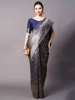 Odette - Navy Blue Festive Silk Blend Woven Design Saree with Unstitched Blouse