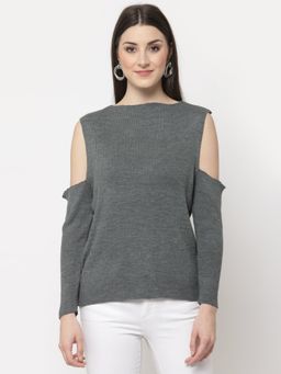 Club York - Women Grey Ribbed Cold Shoulder Sleeves Pullover Sweatshirt