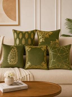 HOSTA HOMES - Soft Velvet Foil Printed Green Cushion Covers (Pack Of 5)