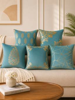 HOSTA HOMES - Soft Velvet Foil Printed Blue Cushion Covers (Pack Of 5)