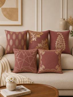 HOSTA HOMES - Soft Velvet Foil Printed Mauve Cushion Covers (Pack Of 5)
