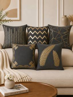 HOSTA HOMES - Soft Velvet Foil Printed Grey Cushion Covers (Pack Of 5)
