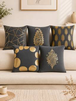 HOSTA HOMES - Soft Velvet Foil Printed Grey Cushion Covers (Pack Of 5)