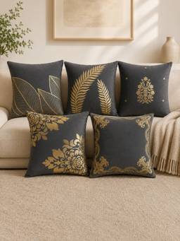 HOSTA HOMES - Soft Velvet Foil Printed Grey Cushion Covers (Pack Of 5)