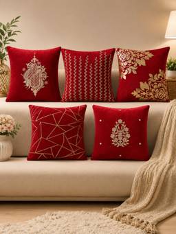 HOSTA HOMES - Soft Velvet Foil Printed Red Cushion Covers (Pack Of 5)