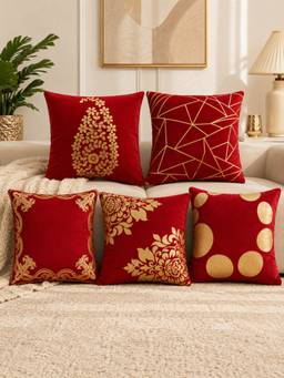HOSTA HOMES - Soft Velvet Foil Printed Red Cushion Covers (Pack Of 5)