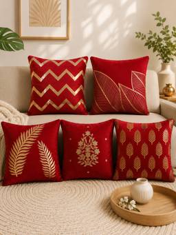 HOSTA HOMES - Soft Velvet Foil Printed Red Cushion Covers (Pack Of 5)