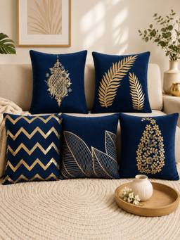HOSTA HOMES - Soft Velvet Foil Printed Navy Blue Cushion Covers (Pack Of 5)