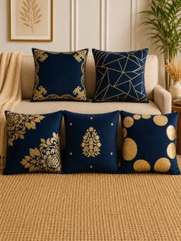 HOSTA HOMES - Soft Velvet Foil Printed Navy Blue Cushion Covers (Pack Of 5)