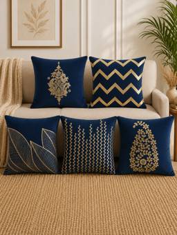HOSTA HOMES - Soft Velvet Foil Printed Navy Blue Cushion Covers (Pack Of 5)