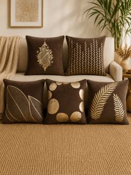 HOSTA HOMES - Soft Velvet Foil Printed Brown Cushion Covers (Pack Of 5)