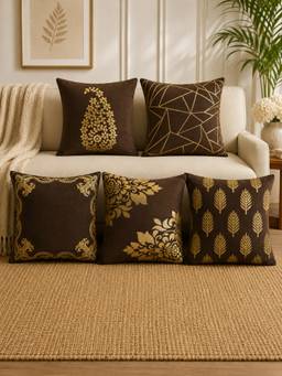 HOSTA HOMES - Soft Velvet Foil Printed Brown Cushion Covers (Pack Of 5)