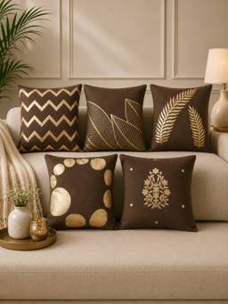 HOSTA HOMES - Soft Velvet Foil Printed Brown Cushion Covers (Pack Of 5)