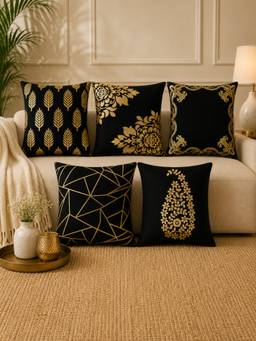 HOSTA HOMES - Soft Velvet Foil Printed Black Cushion Covers (Pack Of 5)