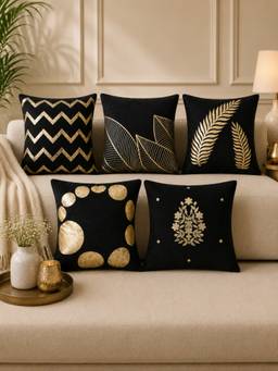 HOSTA HOMES - Soft Velvet Foil Printed Black Cushion Covers (Pack Of 5)