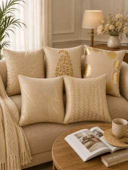 HOSTA HOMES - Soft Velvet Foil Printed Cream Cushion Covers (Pack Of 5)