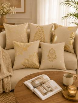 HOSTA HOMES - Soft Velvet Foil Printed Cream Cushion Covers (Pack Of 5)