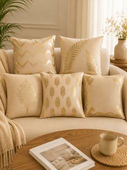 HOSTA HOMES - Soft Velvet Foil Printed Cream Cushion Covers (Pack Of 5)