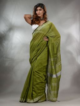 CHARUKRITI - Pickle Green Cotton Silk Handwoven Saree with Zari Stripes Pallu & Unstitched Blouse