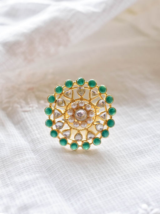 Peach Tassels Royal Kundan Ring with Green Stones