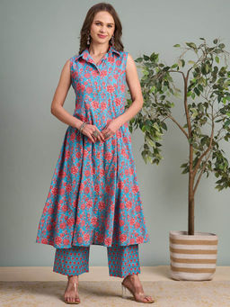 FASHOR - Ethnic Floral Printed A-Line Panelled Kurta with Pant - Blue
