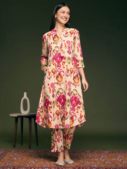 FASHOR - Ikat Printed A-Line Co-Ord Set - Peach