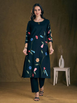 FASHOR - Floral Printed Straight Fit Kurta with Pant - Navy Blue