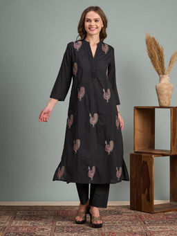 FASHOR - Peacock Embroidered Kurta with Pant - Black