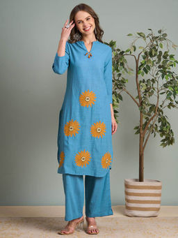 FASHOR - Floral Threadwork Embroidered Cotton Slub Co-Ord Set - Sky Blue