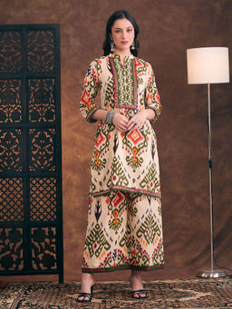 FASHOR - Ethnic Ikat Printed Straight Fit Co-Ord Set - Beige