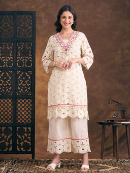 FASHOR - Straight Fit Kurta with Palazzo - Off White