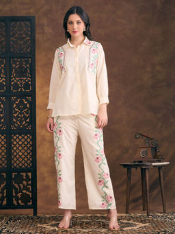 FASHOR - Floral Cross Stitch Embroidered Straight Fit Co-Ord Set - Cream