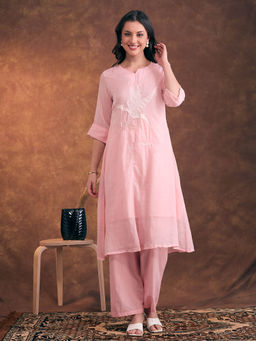 FASHOR - Floral Patchwork Embroidered A-Line Co-Ord Set - Pink