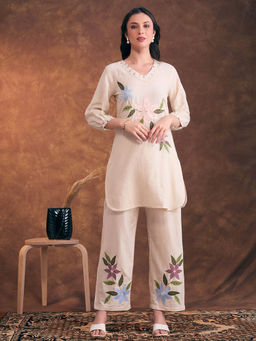 FASHOR - Floral Patchwork Embroidered Straight Fit Cotton Flax Co-Ord Set - Off White