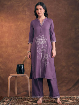 FASHOR - Floral Embroidered Straight Fit Co-Ord Set - Lavender