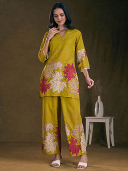 FASHOR - Floral Printed Straight Fit Co-Ord Set - Lime Green