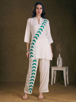 FASHOR - Patchwork Embroidered Straight Fit Co-Ord Set - Off White