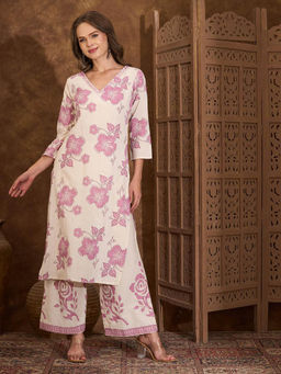 FASHOR - Floral Printed Straight Fit Cotton Flax Co-Ord Set - Off White
